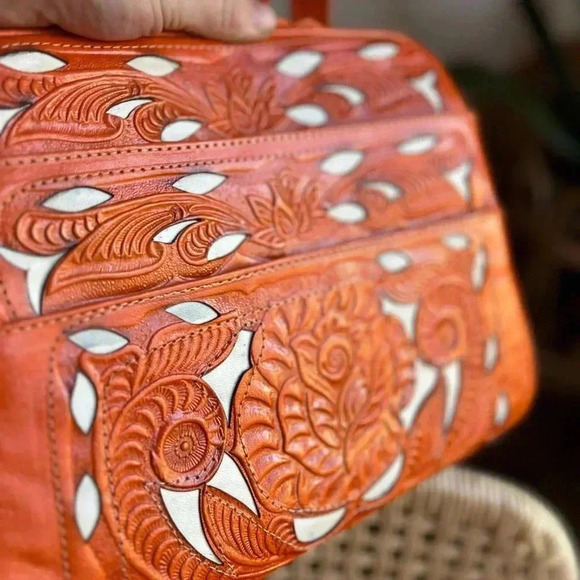 Handcrafted Tooled Leather Bag - 10x9 Orange Crossbody Purse Made in Mexico - Picture 9 of 12